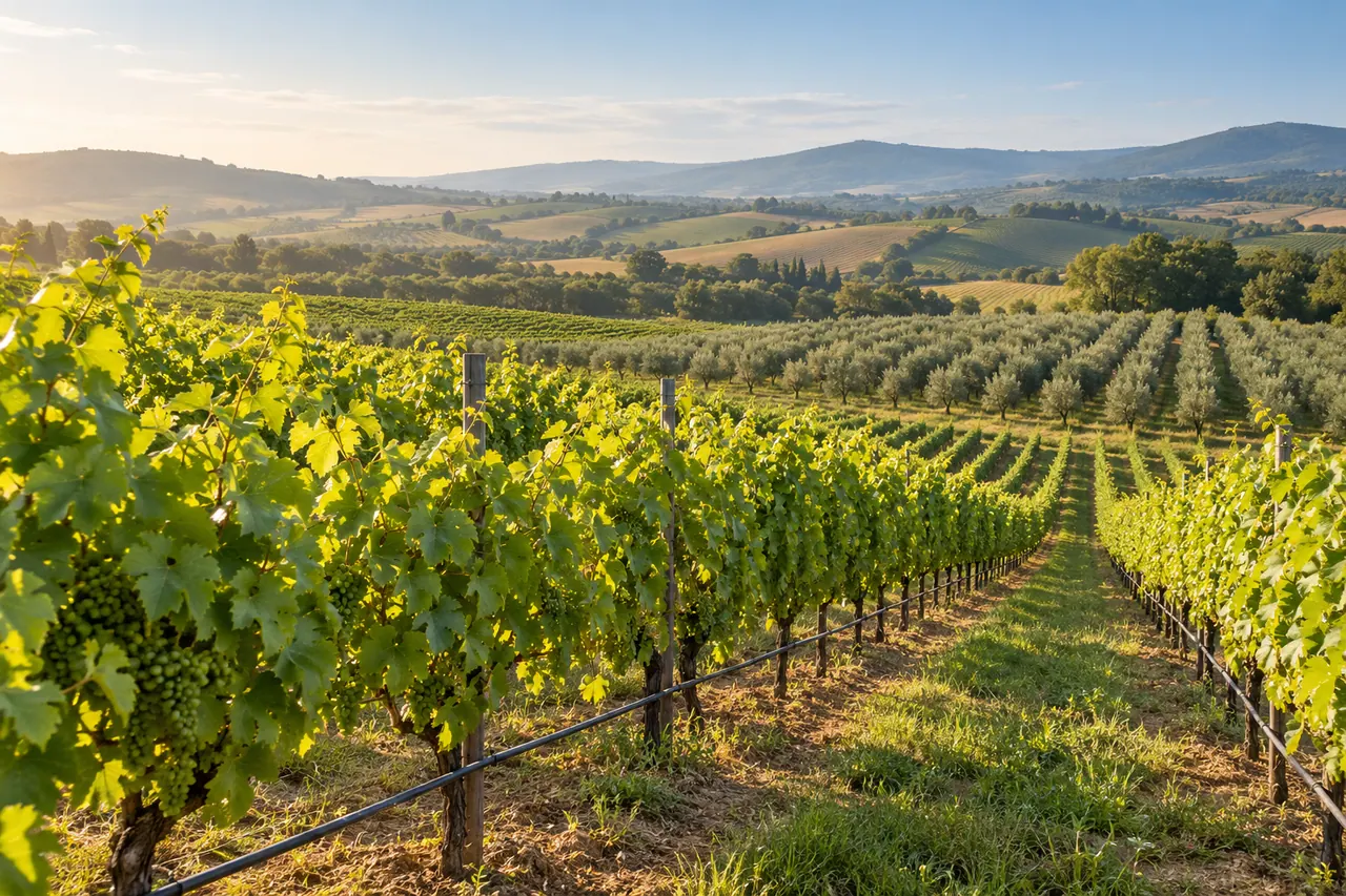 Rânduri de viță-de-vie și culturi agricole pe un teren colinar